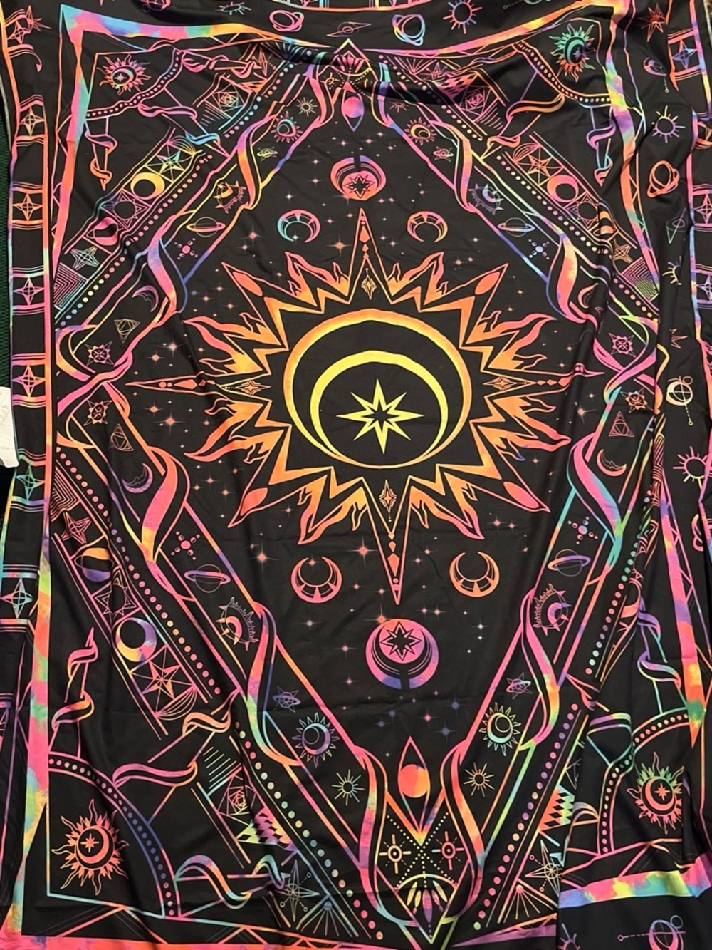 Amazon Black Tapestry with Neon Sunburst in Yellow, Orange, Pink, Green, Blue
